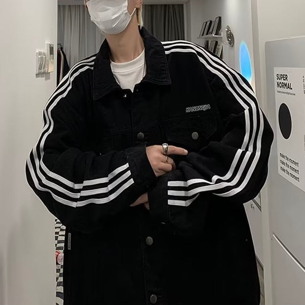2カラー展開 韓国ストリート 韓国カジュアル ライン入り レトロ デニムジャケット mry001271