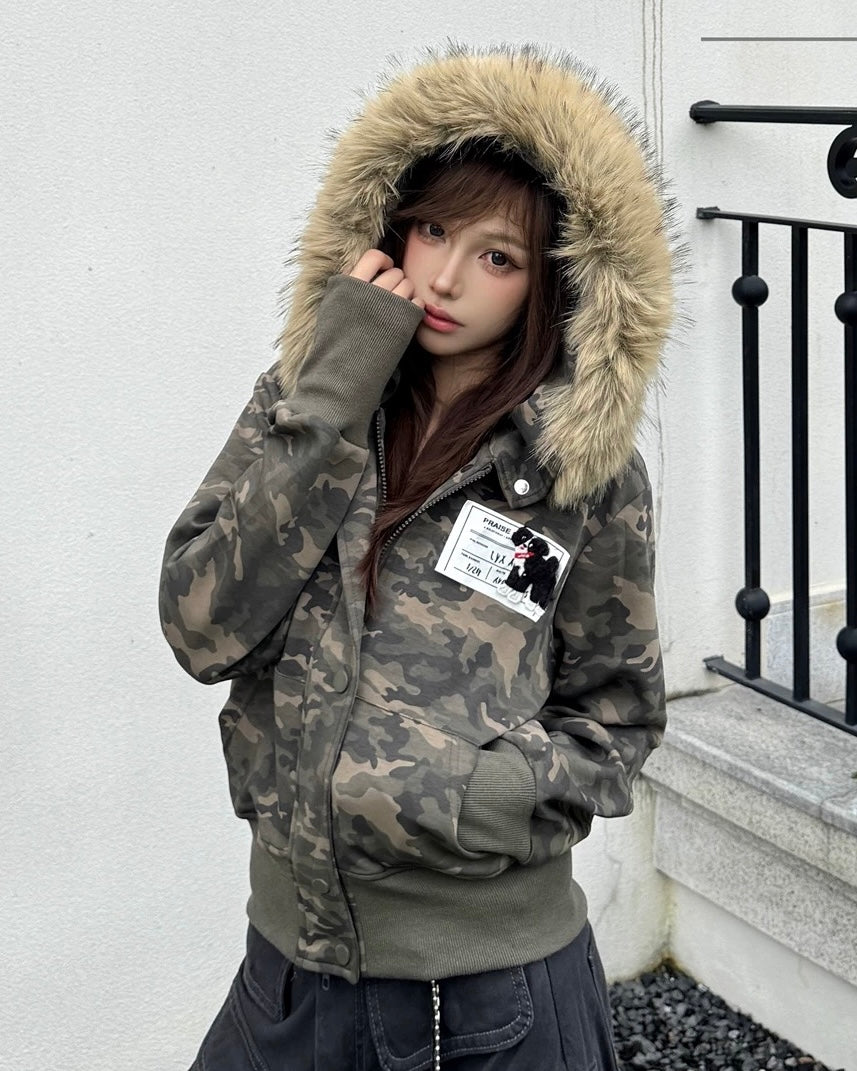 Camo Fur-Hood Short Jacket mry002013