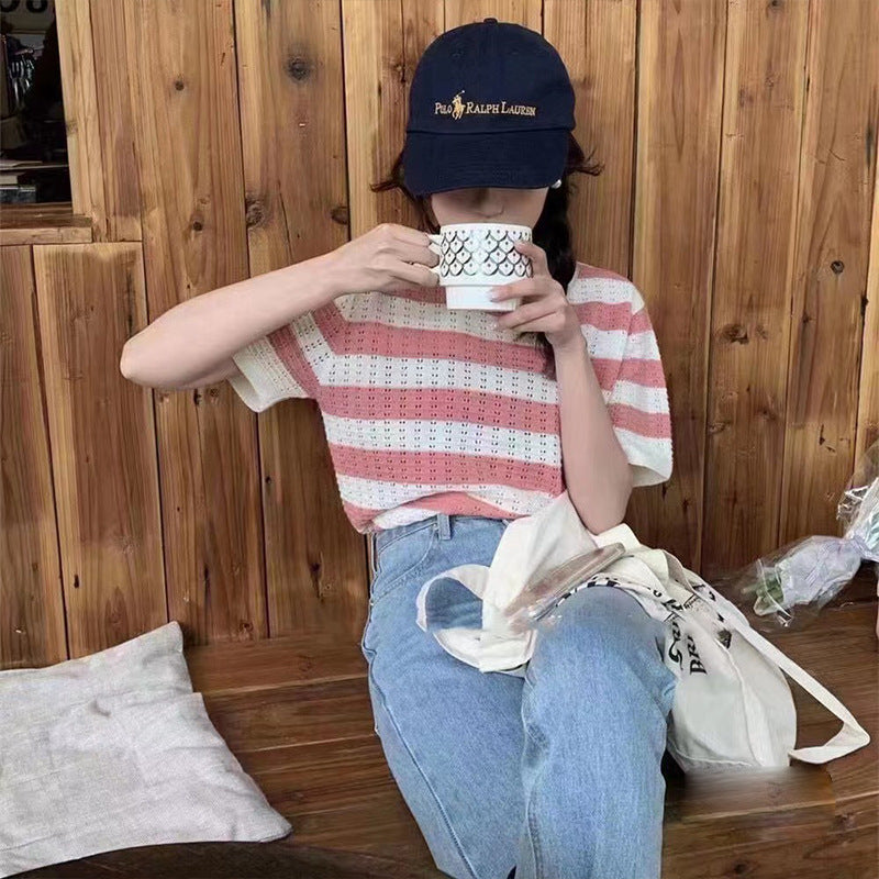 2023SS ストライプ 半袖セーター シック トップス 韓国カジュアル 韓国ガーリー mry000826