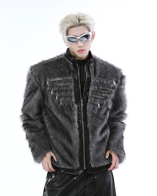 Faux Fur Panelled Leather Zip-Up Jacket mry001835