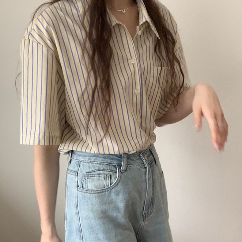 ラペル半袖 ストライプシャツ mry000062