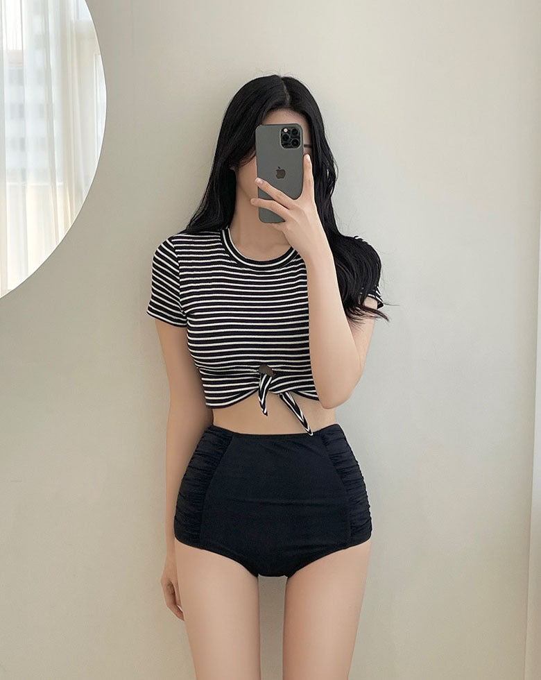 【送料無料】2023SS NEW ストライプ 半袖ビキニ 気になるお腹を隠せる ハイウエスト 水着 mry000694