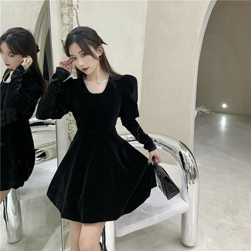 ブラック ベロア パフスリーブワンピース mry000456