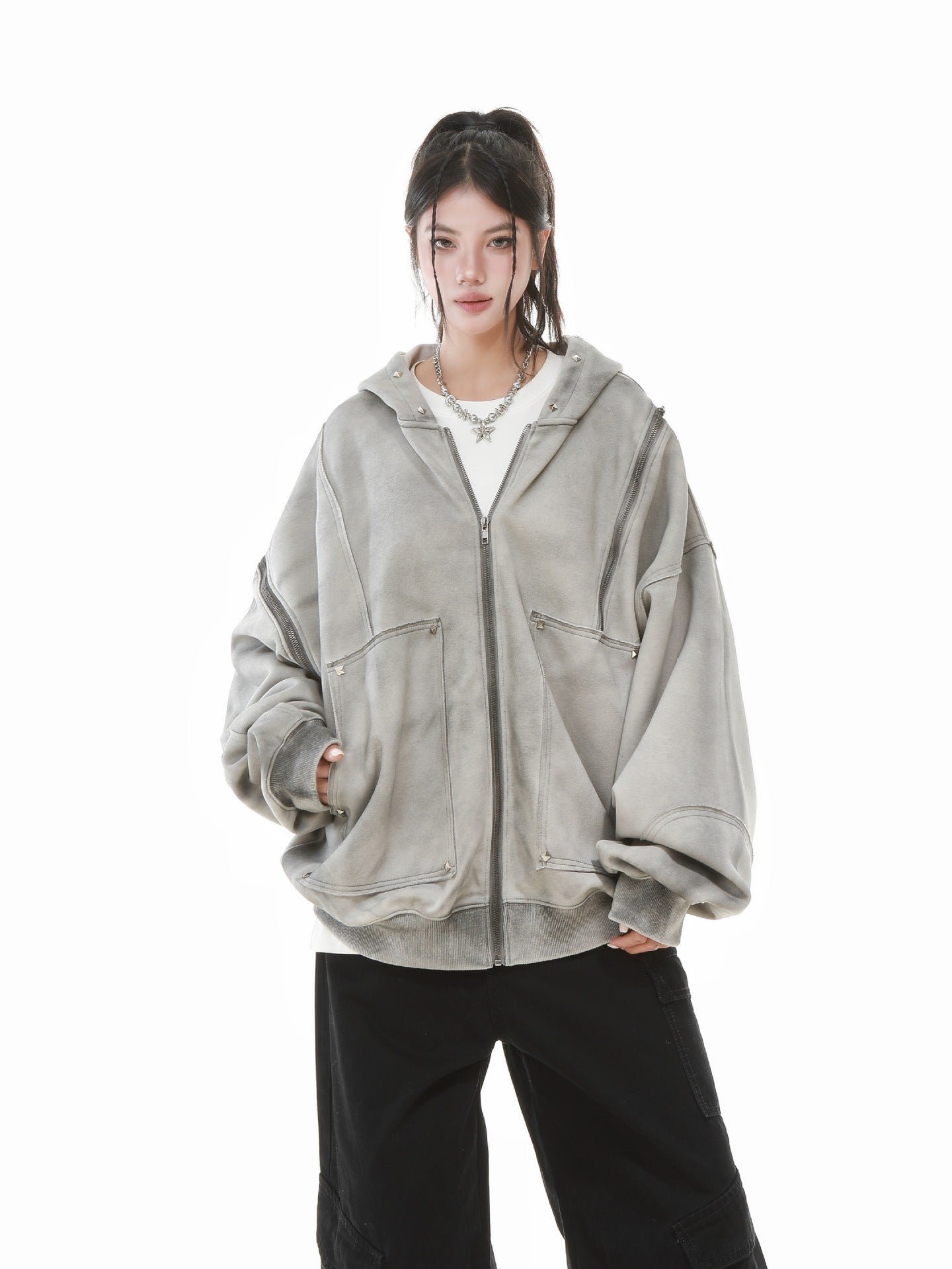 【評価★4.8以上】Vintage Washed Studded Overfit Hoodie Jacket mry001943