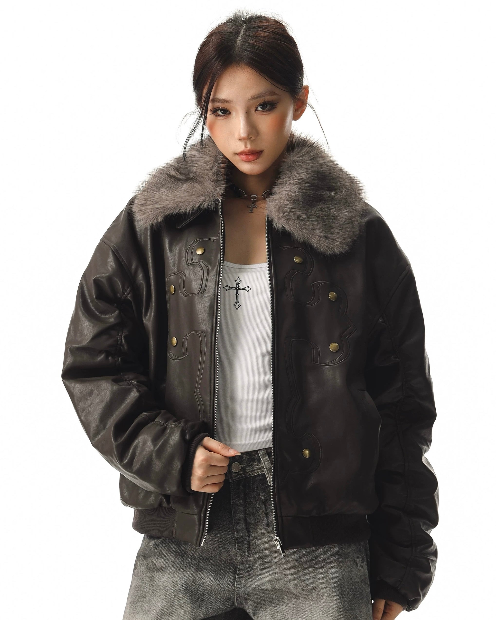Fur Collar Cross Leather Jacket mry002018