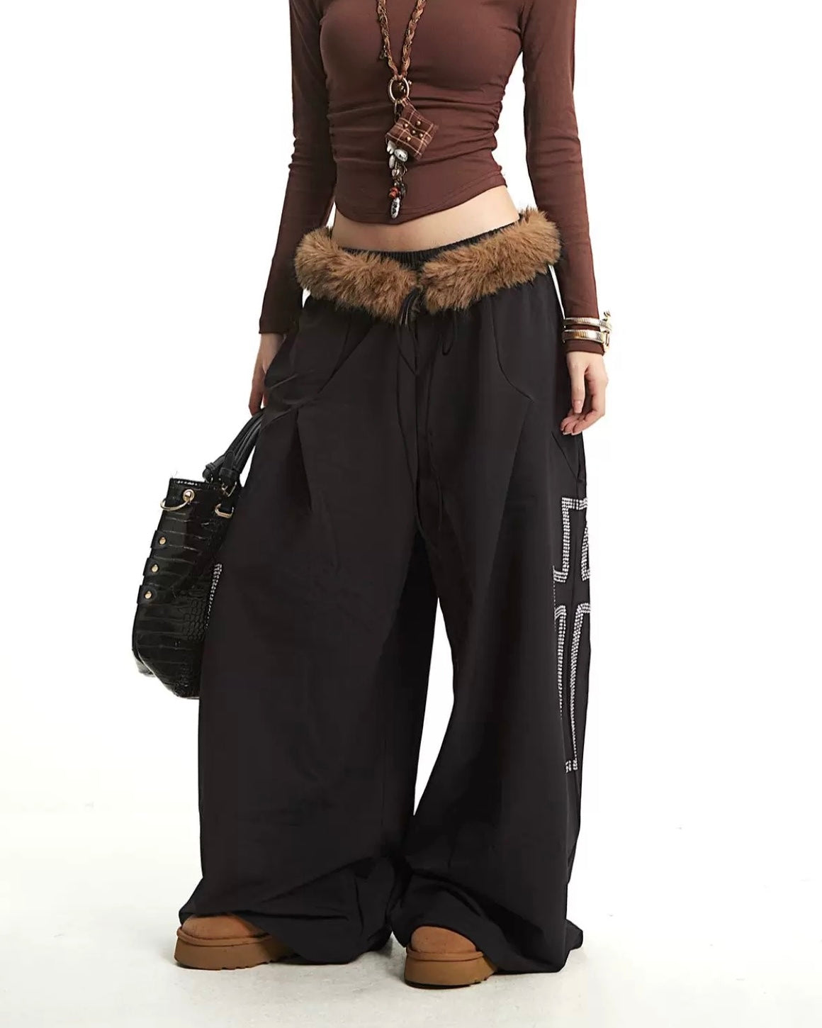 【YURU:FIT】Faux Fur Waist Wide-Leg Pants mry001879