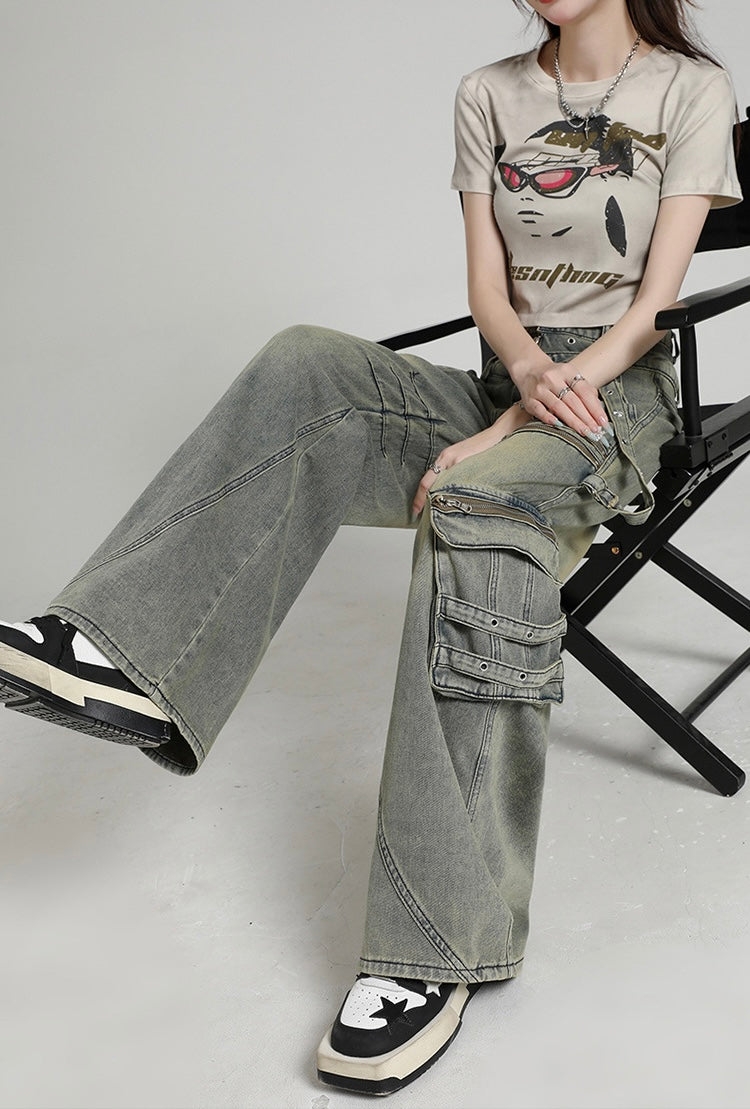 Y2K Multi-Zip Wide Cargo Denim Pants mry001672
