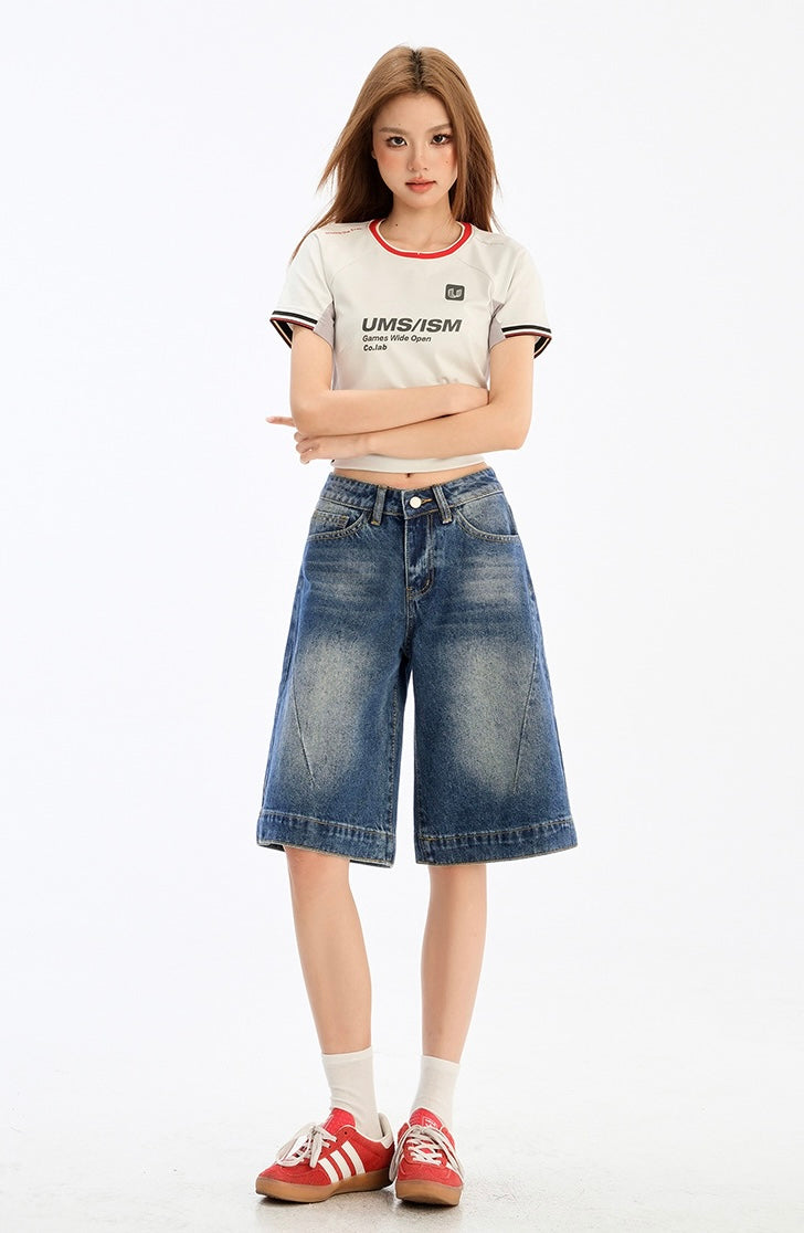 Retro Washed Wide-Leg Denim Shorts mry001752