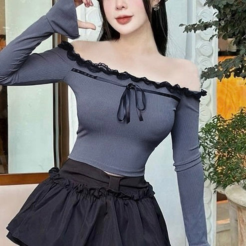 【Chéri】2カラー展開 韓国デザイン 韓国カジュアル オフショルダー リボントップス mry001103