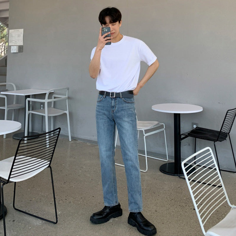 【送料無料】2023SS メンズ ストレート タイト ウォッシュド デニム パンツ 韓国カジュアル mry000890