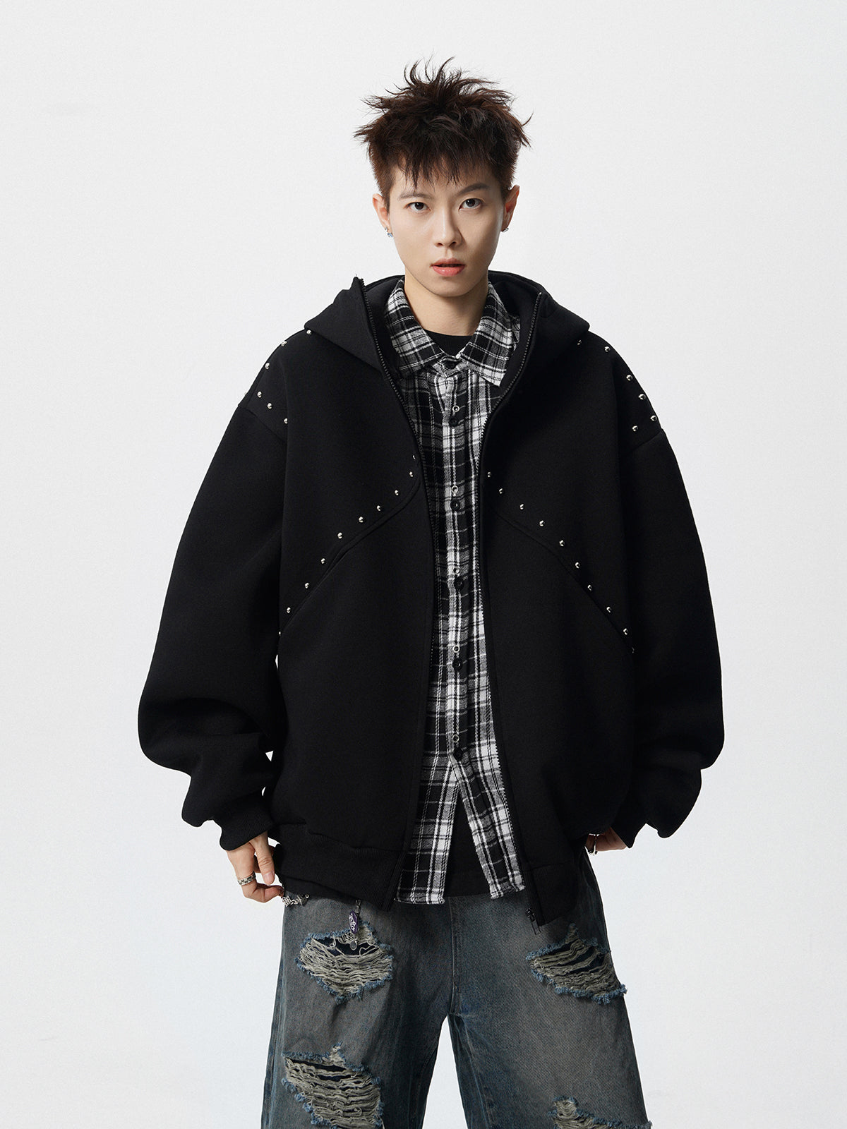 【評価★4.8以上/3color】Studded Oversized Zip Hoodie mry001897