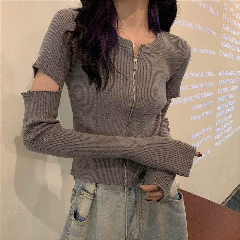 【送料無料】4カラー展開 ジッパー 長袖ニット 夏カーディガン カジュアル ストリート mry000642