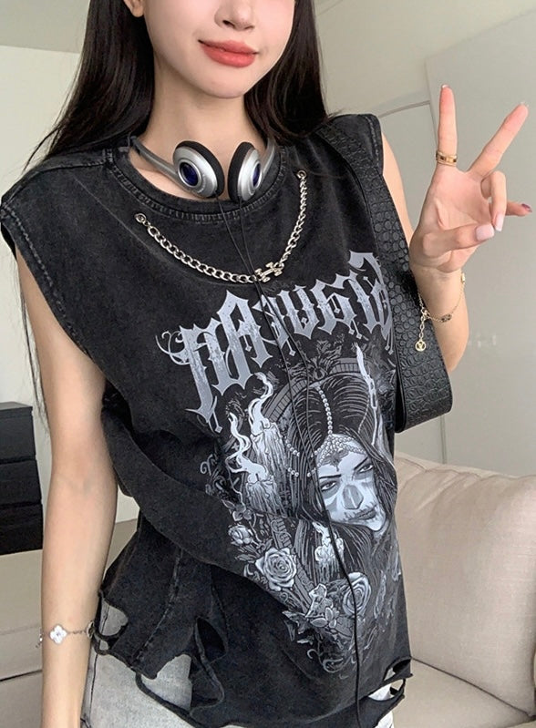 Chain Neck Graphic Sleeveless Tee mry001656