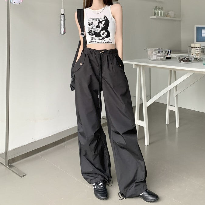 3カラー展開 デザイン カジュアルパンツ ウエスト紐調整 韓国カジュアル 韓国ストリート mry000984