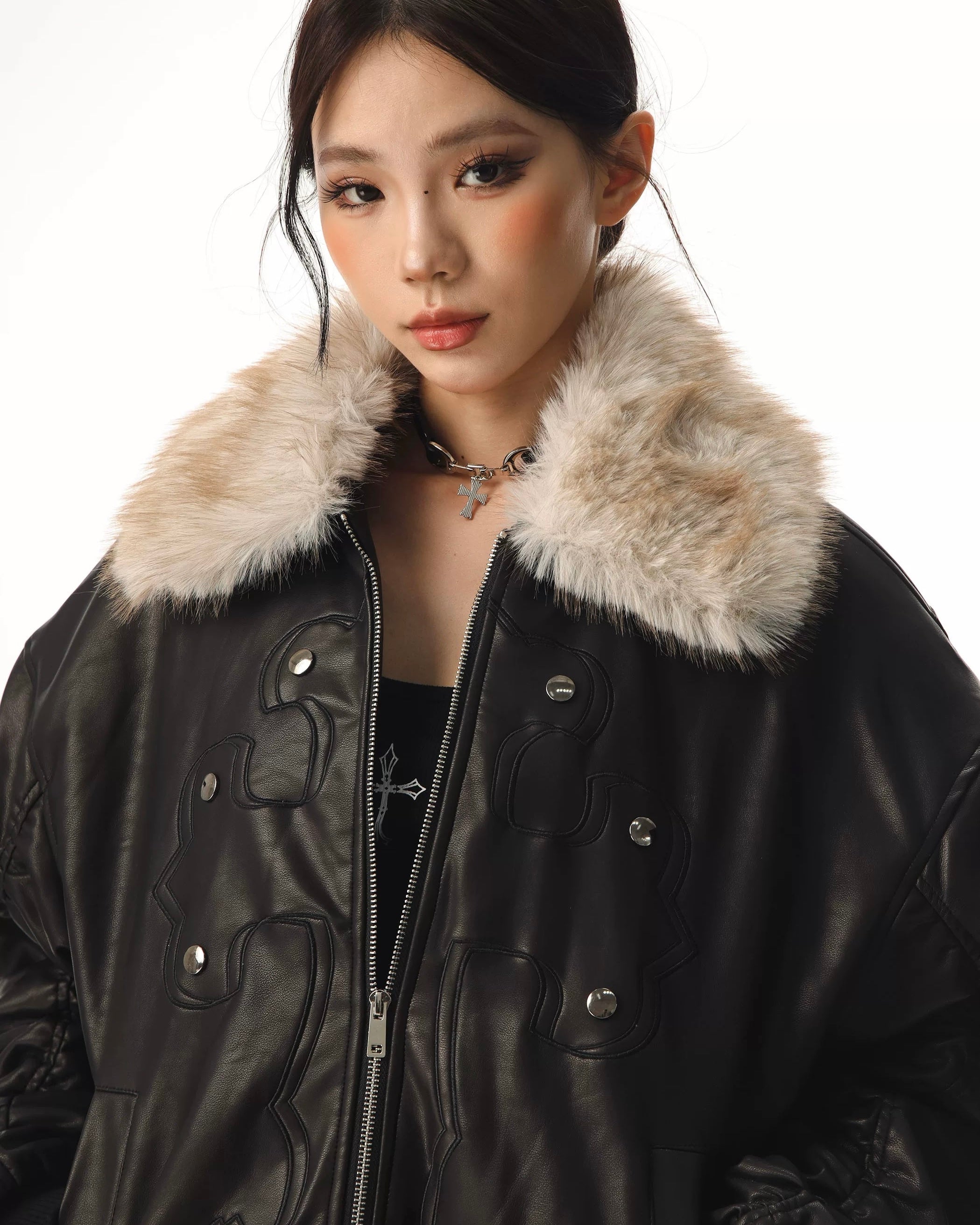 Fur Collar Cross Leather Jacket mry002018