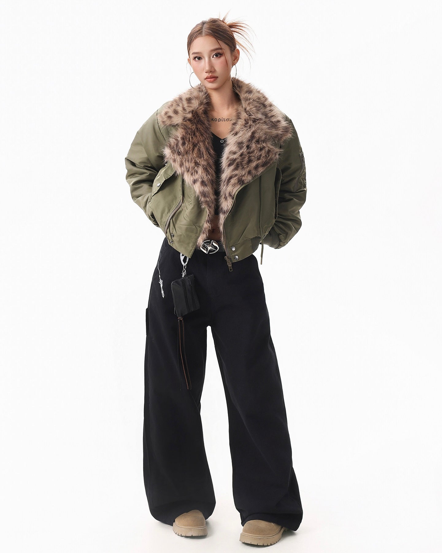 Leopard Faux Fur Collar Bomber mry002092