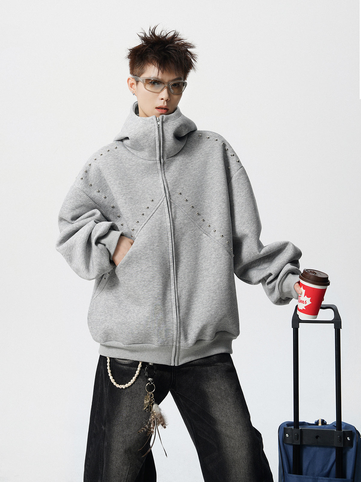 【評価★4.8以上/3color】Studded Oversized Zip Hoodie mry001897