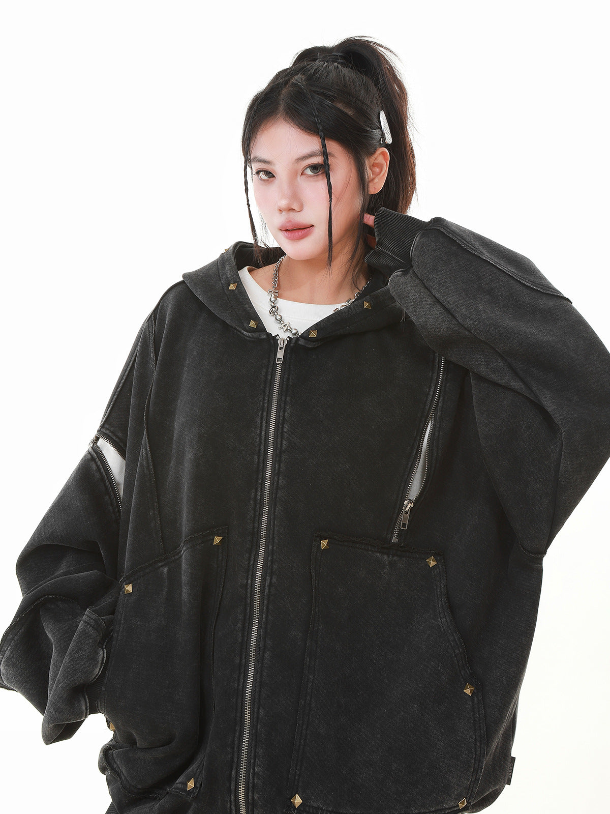 【評価★4.8以上】Vintage Washed Studded Overfit Hoodie Jacket mry001943