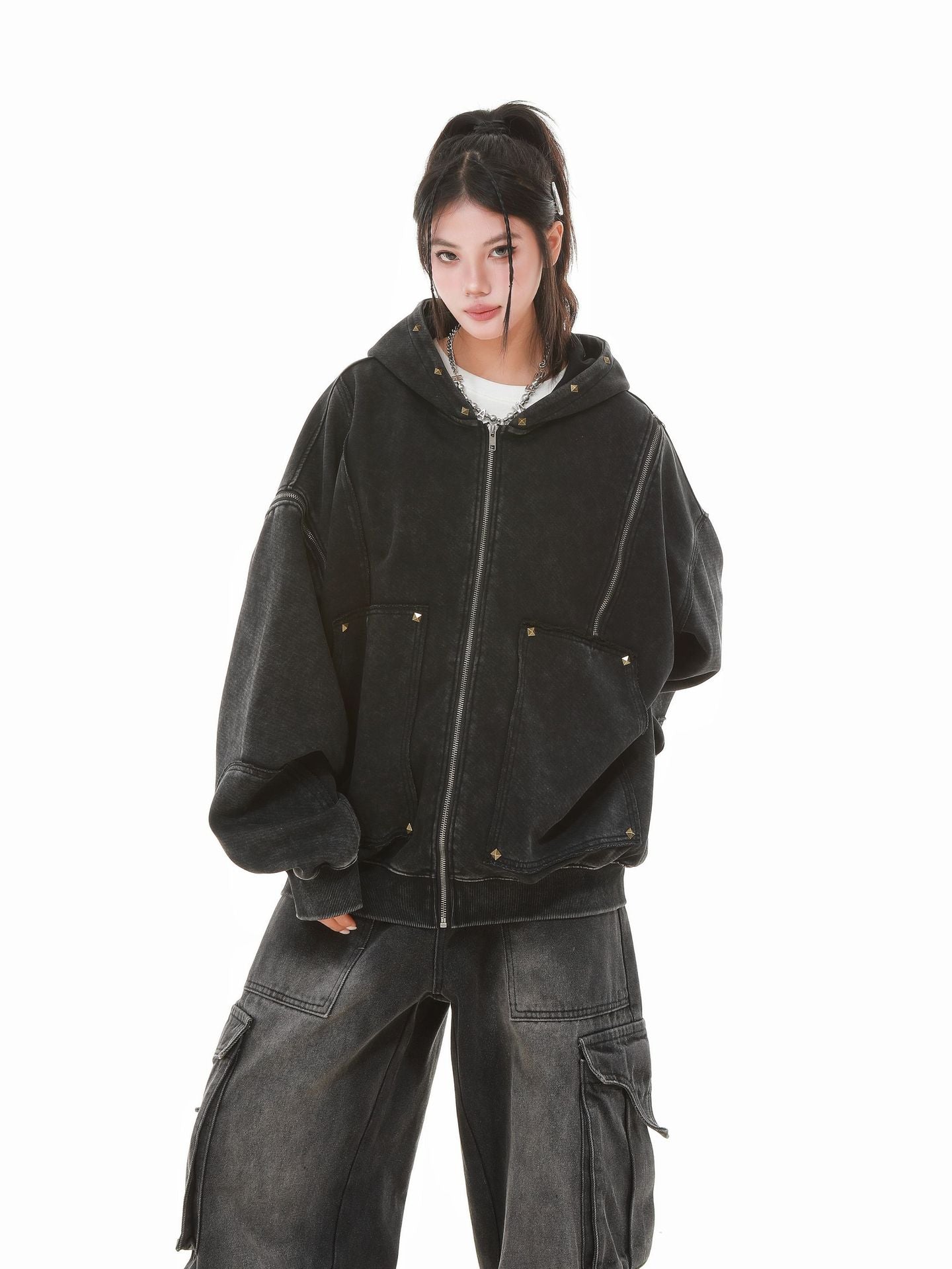 【評価★4.8以上】Vintage Washed Studded Overfit Hoodie Jacket mry001943