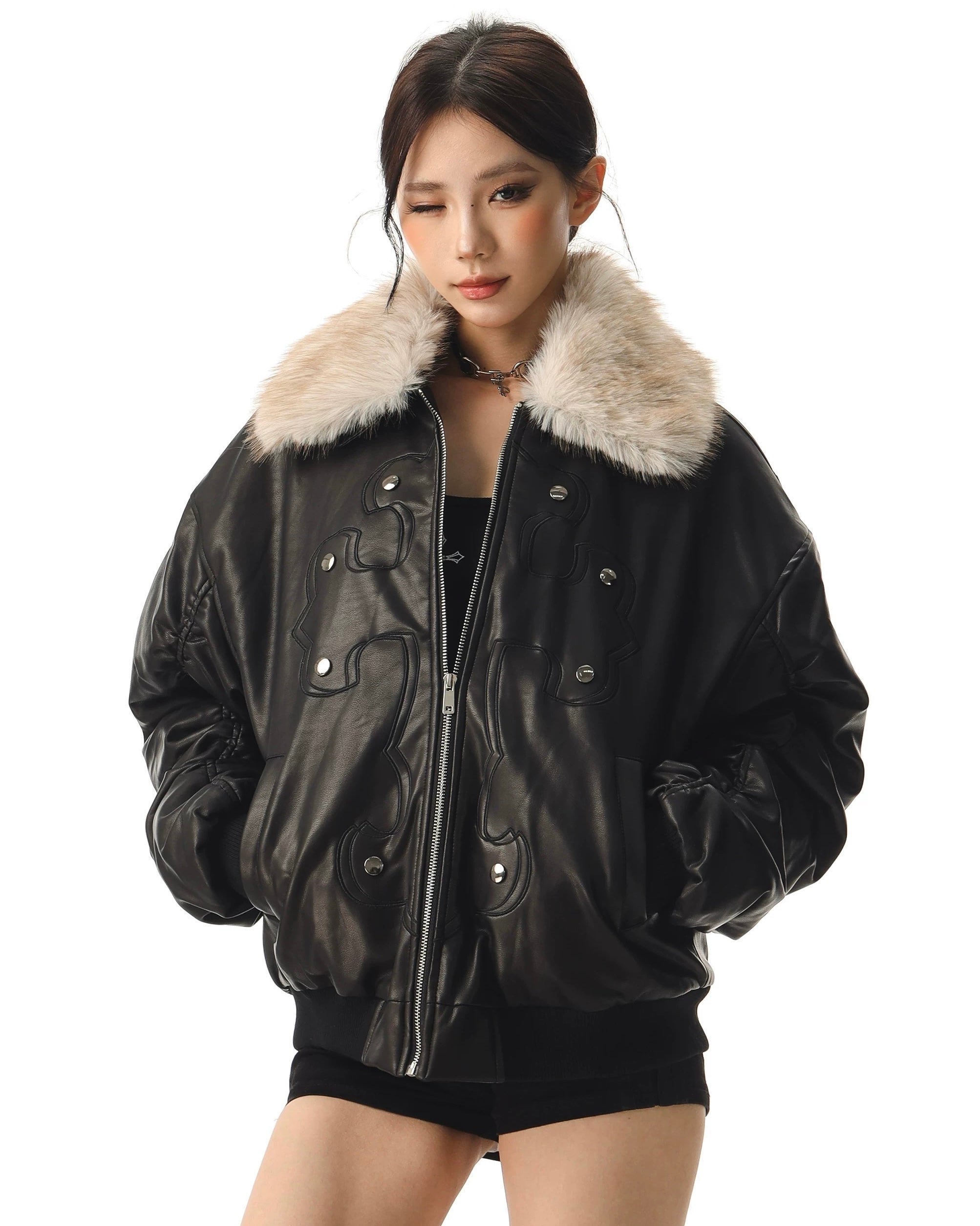 Fur Collar Cross Leather Jacket mry002018