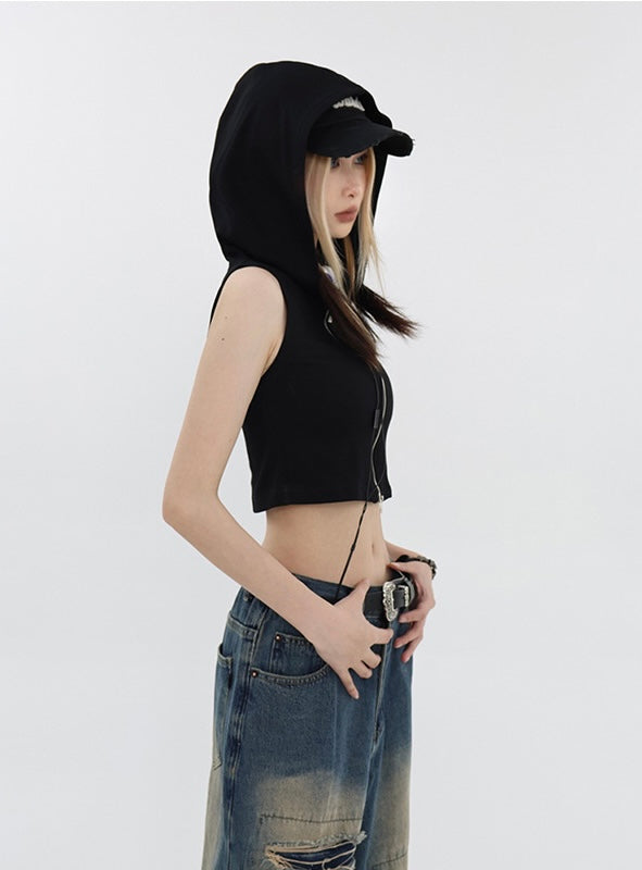 Zip-Up Hooded Crop Tank Top mry001697