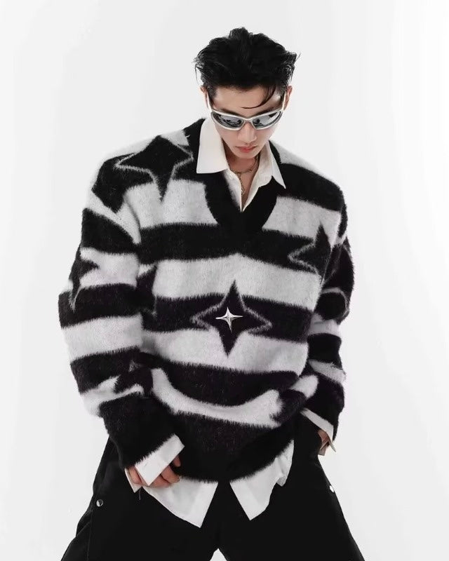 【2color】Star Pattern Striped Mohair Knit Sweater mry001827