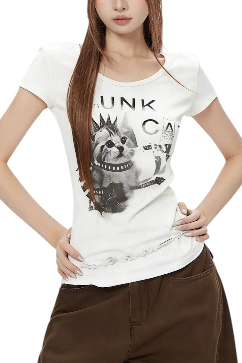 【トップス】パンクキャットグラフィックTシャツ mry002382