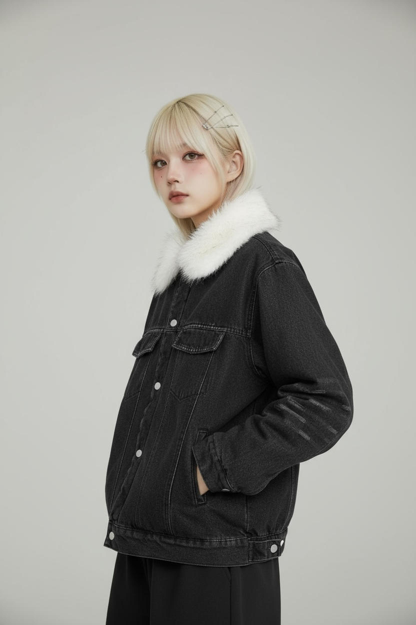 【2color】Faux Fur Collar Denim Jacket mry001824