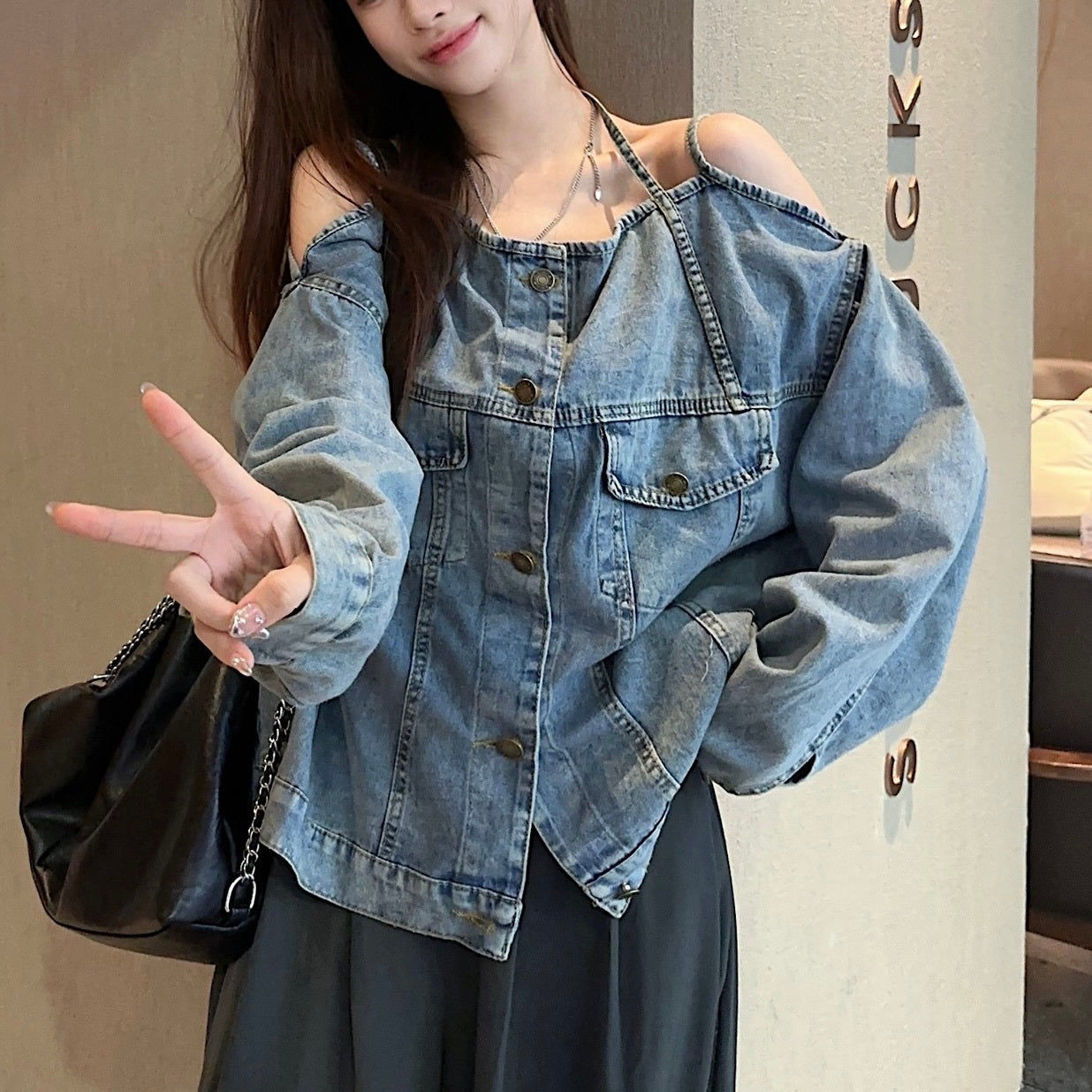 アメリカン 韓国カジュアル 韓国ストリート オフショルダー デニムジャッケット mry001141