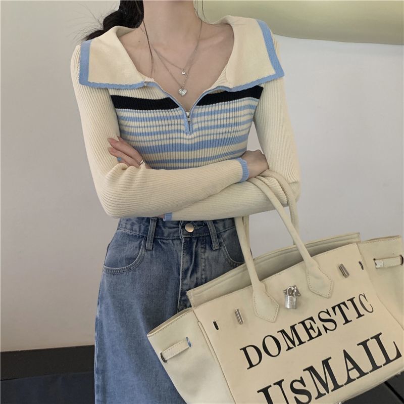 【送料無料】ストライプニットセーター 2カラー 長袖デザイントップス 韓国カジュアル mry000590