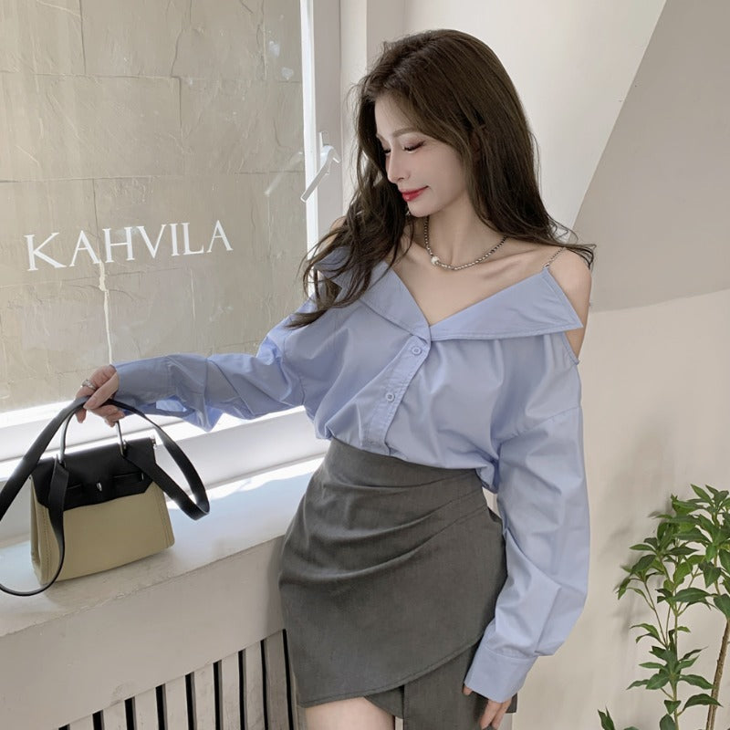 オフショルダー シックブルー シャツ mry000231