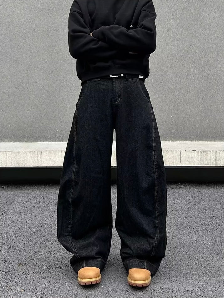 【COVER:FIT】Black Wide-Leg Minimalist Denim Pants mry001632