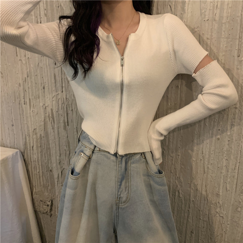 【送料無料】4カラー展開 ジッパー 長袖ニット 夏カーディガン カジュアル ストリート mry000642