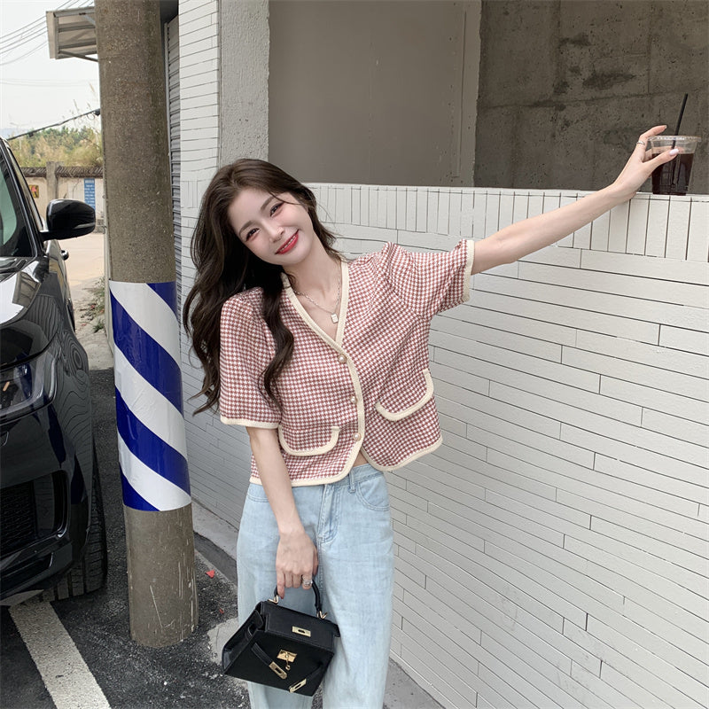 【送料無料】クロップド丈 フレンチスタイル Vネック 千鳥格子 韓国ガーリー 韓国カジュアル mry000536