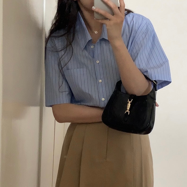 ラペル半袖 ストライプシャツ mry000062