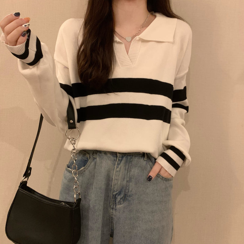 2カラー展開 韓国ストリート韓国カジュアル トレンド ストライプ ユニーク ゆったりニット mry001305