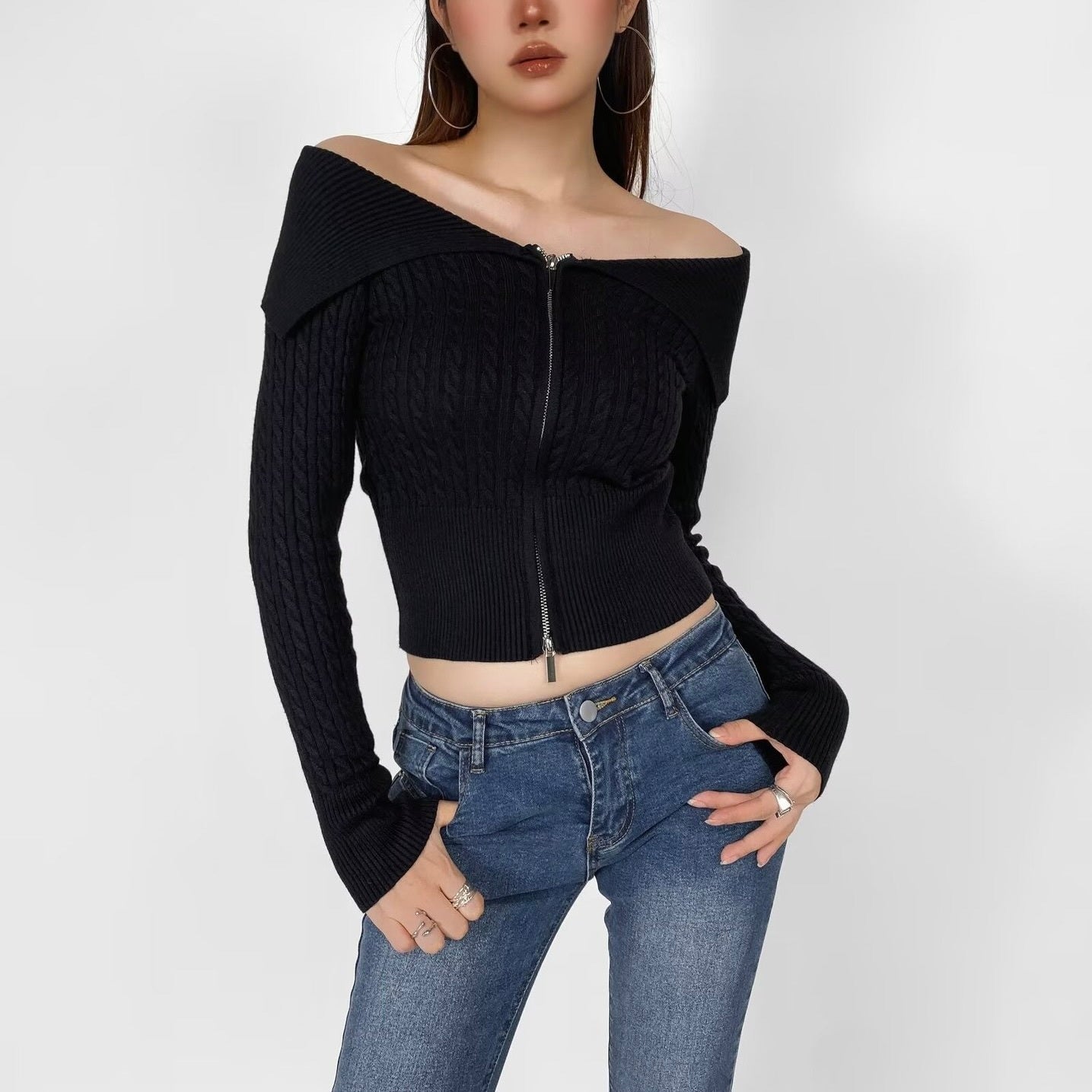 4カラー展開 韓国デザイン 韓国カジュアル オフショルダー リブ編みニット カーディガン mry001118