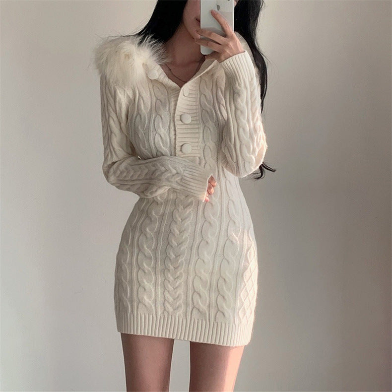 【Chéri】2カラー展開 ファー付きニットワンピース mry001479