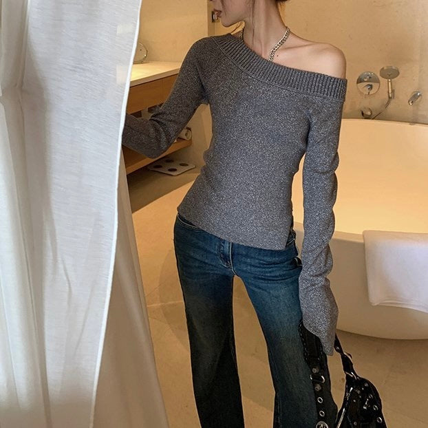 2カラー展開 韓国ストリート 韓国デザイン 韓国カジュアル シンプル オフショルダー ニットトップス mry001145