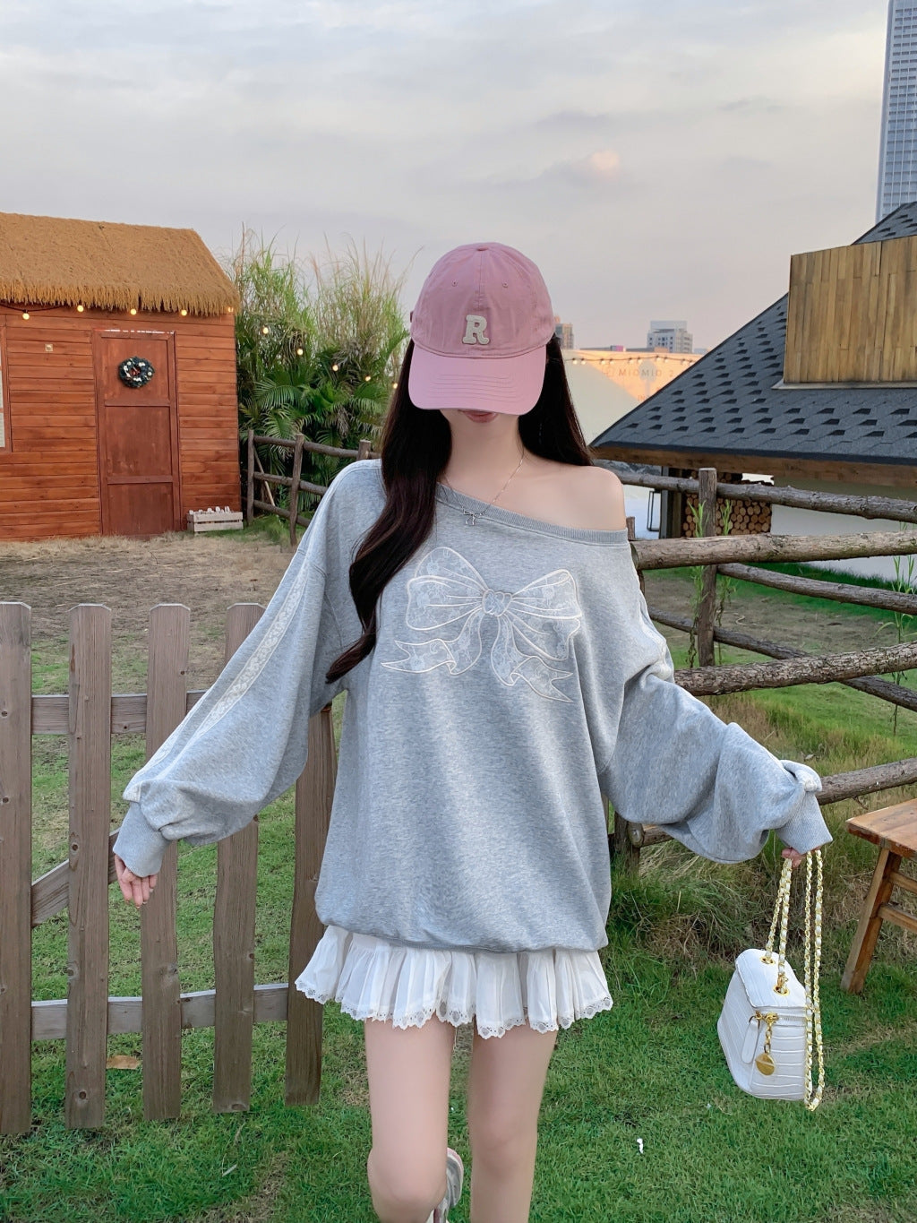 Lace Bow Off-Shoulder Oversized Sweatshirt mry001626