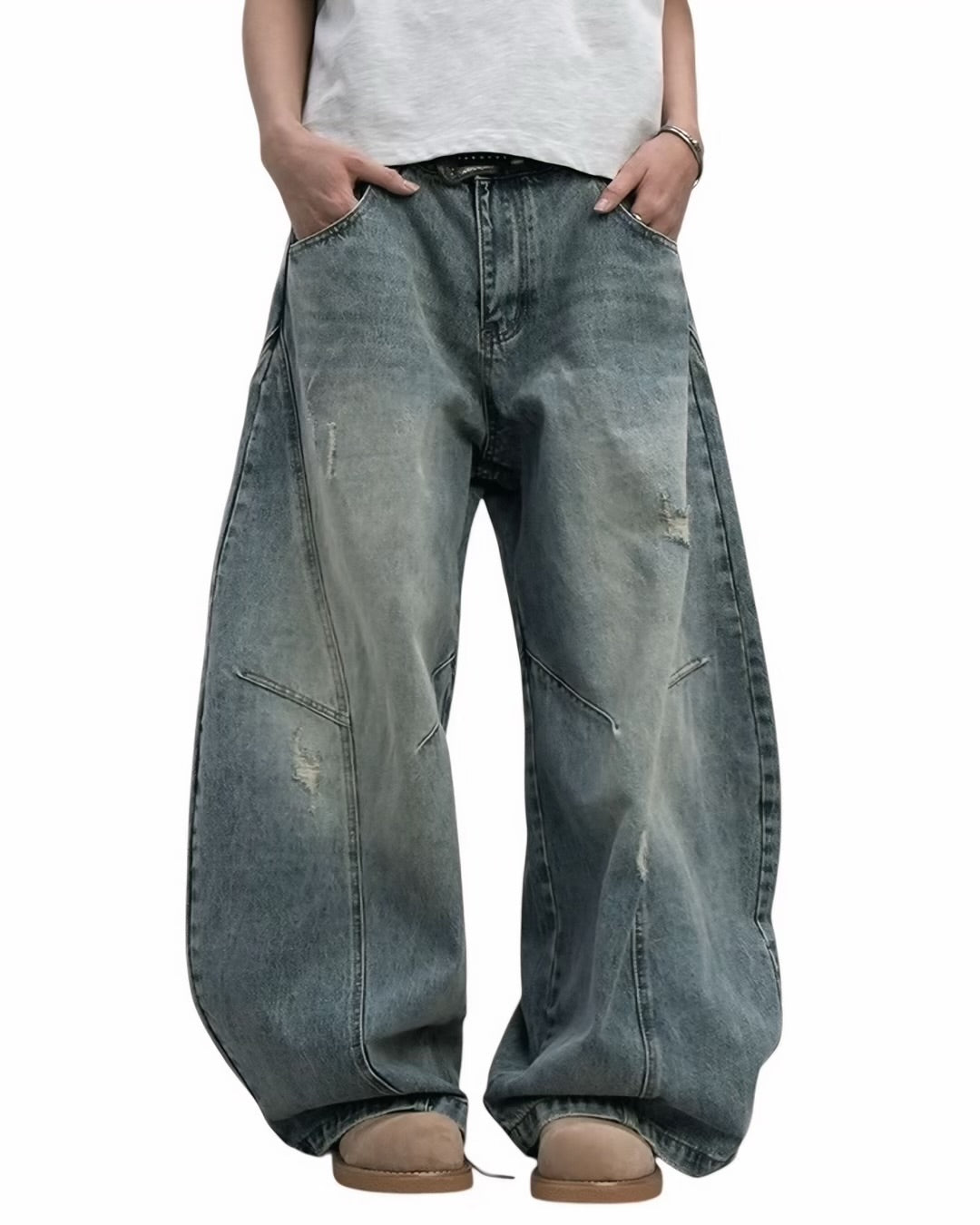 《レビュー高評価💬》【COVER:FIT】Vintage Wide-Leg Distressed Baggy Denim Pants mry001629
