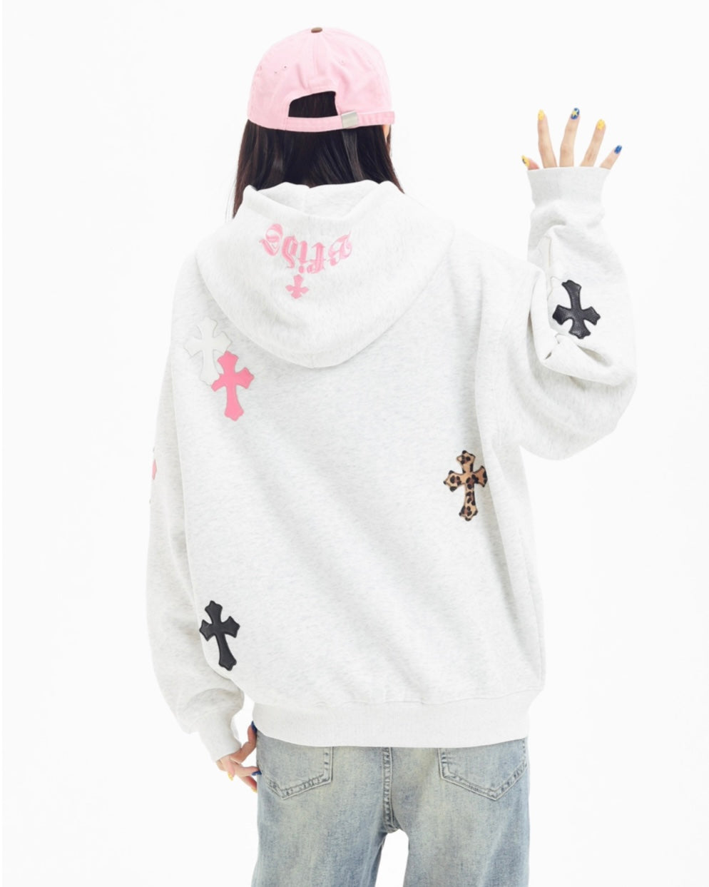 『評価★4.8以上/SNS大人気パーカー💥』【Tops】Leopard and Cross Embroidered Oversized Hoodie mry001896