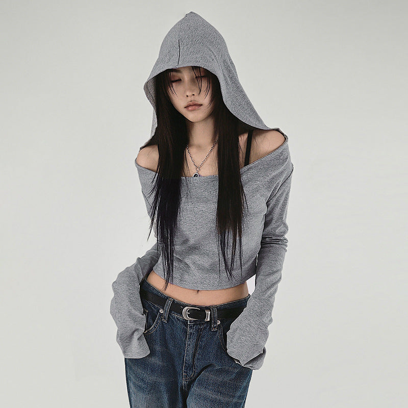 Off-Shoulder Hooded Crop Top mry001664