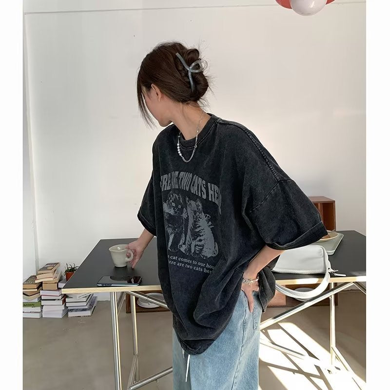 Grunge Cat Print Washed T-Shirt mry001715