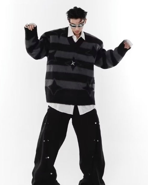 【2color】Star Pattern Striped Mohair Knit Sweater mry001827