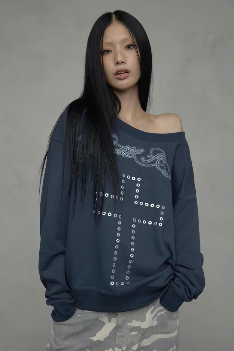 Off-Shoulder Studded Cross Top mry002303