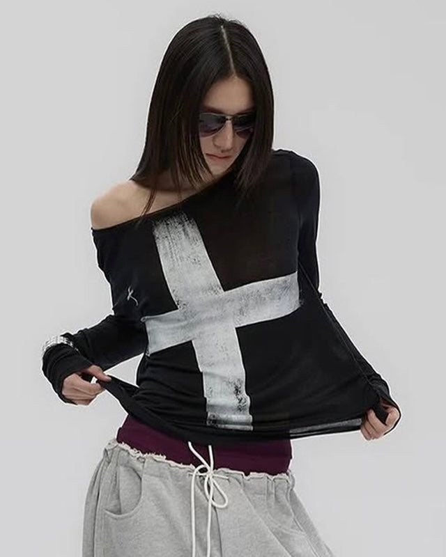 【2color】Cross Print Off Shoulder Tops mry001850