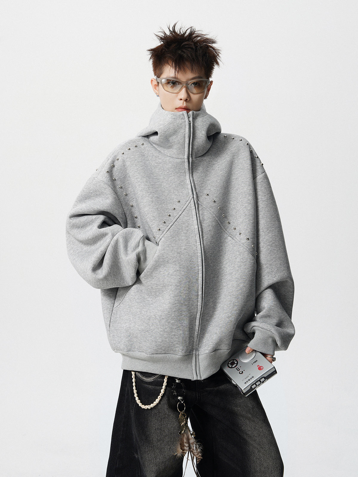 【評価★4.8以上/3color】Studded Oversized Zip Hoodie mry001897