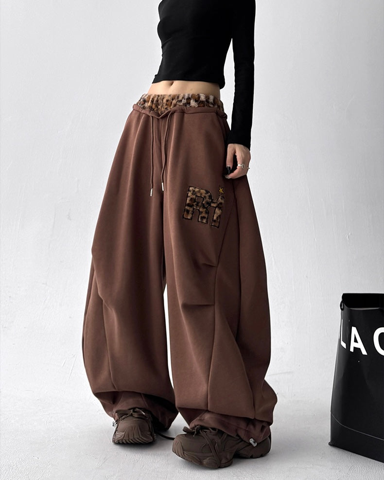 【YURU:FIT】Leopard Fur Waistband Baggy Sweatpants mry001875