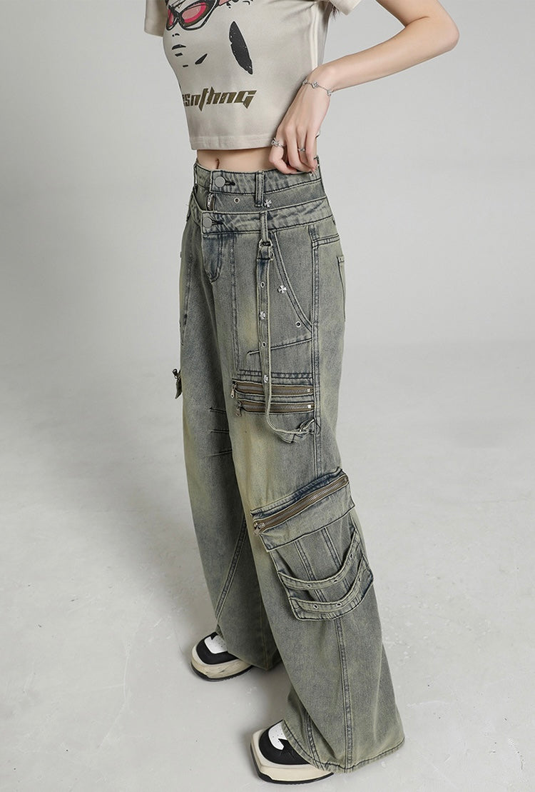 Y2K Multi-Zip Wide Cargo Denim Pants mry001672